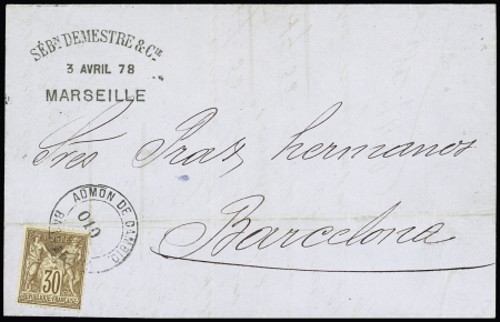 N°69, 30c brun, OBL cachet noir "Admon de cambio Barcelona 010" sur lettre de Marseille pour Barcelone (1878). TB