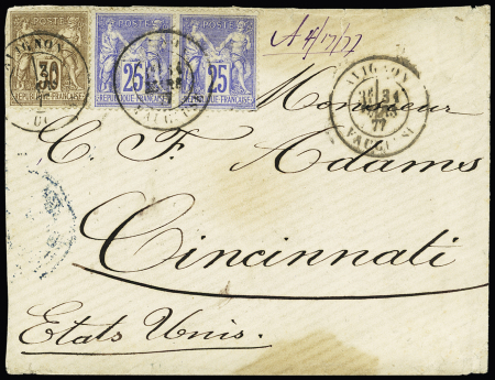 N°69 + paire du n°78 OBL CAD type 18 "Avignon Vaucluse" (1877) sur lettre du 2ème échelon pour Cincinnati (USA) avec arrivée. B/TB