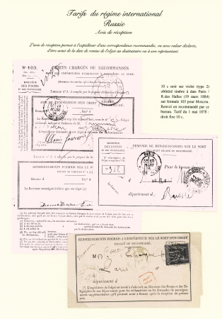 N°89 OBL Paris R. des Halles (1884) sur avis de réception rose n°103 pour objets chargés ou recommandés adressé à Moscou avec CAD d'arrivée à l'intérieur (tarif du 1er mai 1878). Certificat RHP. Rare et TB