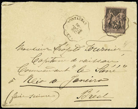 N°97, 25c noir sur rose OBL CAD convoyeur ligne "Lexos a Montauban" (1889) sur lettre avec correspondance adressée au commandant du navire de guerre "Le Sané" à Rio de Janeiro (Brésil). TB