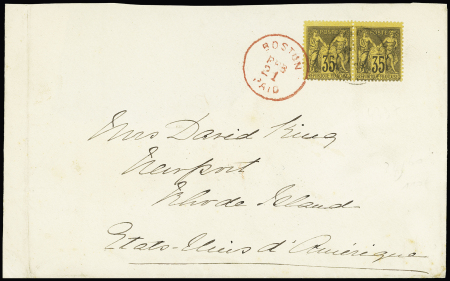 N°93, 35c violet-noir sur jaune en paire sur lettre pour Rhode Island (USA) avec au recto CAD de transit rouge "Boston paid". TB