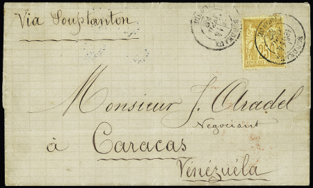 N°92, 25c bistre sur jaune, OBL CAD "Bordeaux Gironde" (1882) sur lettre pour Caracas (Vénézuela). TB