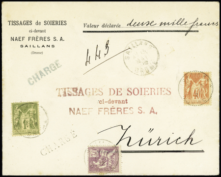 N°82 + 94 + 115, 30c Mouchon violet OBL Saillans Drôme (1902) sur lettre chargée (VD 2000F) pour Zurich. TB