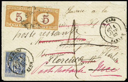 N°90 OBL Le Mans Sarthe (1883) sur lettre pour Nice en poste restante réexpédiée à Florence avec Italie timbre-taxe n°5, 5c orange, en paire. TB