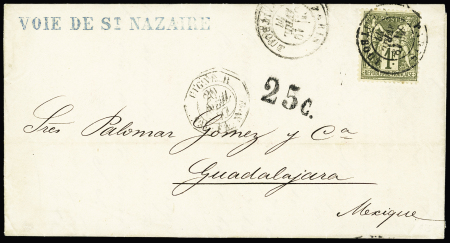 N°72, 1F olive, OBL Paris R.Taitbout (1877) sur lettre pour Guadalajara (Mexisue) avec au verso CAD octogonal "ligne B paq. Fr. n°2" (salles n°1434) et taxe mexicaine 25c et griffe bleue "Voie de St Nazaire". TB