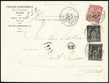 N°103, 2 pièces + n°104, 50c rose, OBL Paris 62 av. Grande Armée (1900) sur lettre recommandée du 3ème échelon. TB