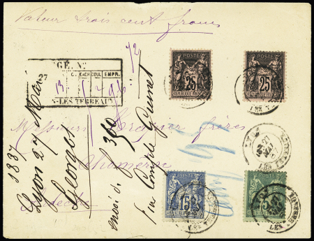 N°75 + 90 + 97, 2 pièces OBL Lyon Les Terreaux (1887) sur lettre chargée (VD 300F) avec cachet descriptif des chargements au recto. TB