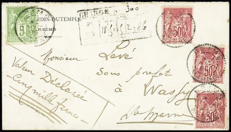 N°98, 50c rose, 3 pièces + 106 OBL Reims Marne (1899) sur une petite lettre chargée (VD 5000F) avec cachet descriptif des chargements au recto. B/TB