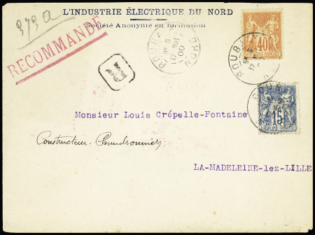 N°90 + 94 OBL Roubaix Nord (1900) sur lettre recommandée de la société "L'industrie électrique du Nord". TB