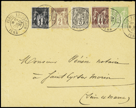 N°83 + 85 + 87 + 88 + 102 OBL CAD "Paris exposition Iena" (18 sept 1900) sur lettre. TB