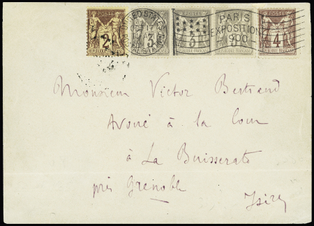 N°85 (déf.) + 87, bande de 3 + 88 OBL mécanique drapeau "United States postal station Paris exposition 1900" sur lettre. TB