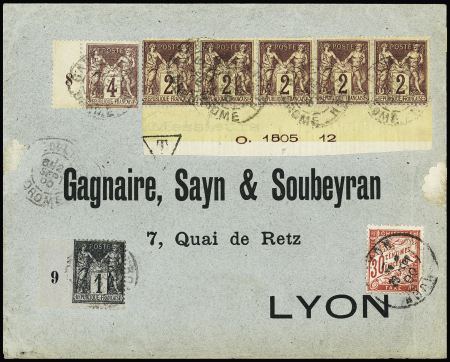 N°85, bande de 5, BDF, avec inscription "O.1805-12" de la machine + n°83 + n°88 OBL Gare de Livron Drome (1900) sur lettre pour Lyon avec timbre-taxe n°33. TB