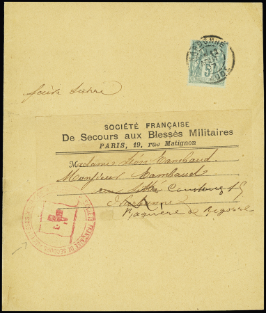 N°106, 5c vert-jaune OBL Narbonne Aude (1897) sur bande avec étiquette et cachet rouge de la société de secours aux blessées militaires. TB