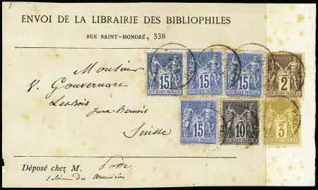N°85 + 86, 3c bistre-jaune + n°89 + n°90, 4 pièces, OBL Paris sur étiquette "Envoi de la librairie des bibliophiles" pour la Suisse, AFF rare. Rousseurs sinon TB