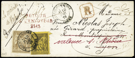 N°69 + 93 OBL T18 "Valence-s-Rhône" (1878) sur lettre recommandée pour Lyon réexpédiée à Valence avec griffe rouge "retour à l'envoyeur 2145". TB