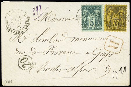 N°75 + 93 OBL CAD "Paris boulevard ST Germain" (1881) sur une petite lettre recommandée. TB