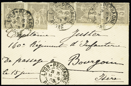 N°87, 3c gris, 5 pièces, OBL LYON-PERRACHE Rhone (1903) sur une petite lettre. TB