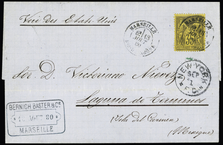 N°93, 35c violet-noir sur jaune OBL Marseille (1880) (seul) sur lettre pour Laguna de Terminos (Mexique). TB