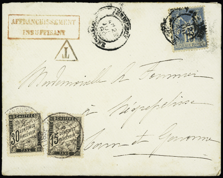 N°90 OBL Périgueux (1889) sur lettre avec griffe encadrée rouge "Affranchissement insuffisant" et timbre-taxe n°16 + 18. TB