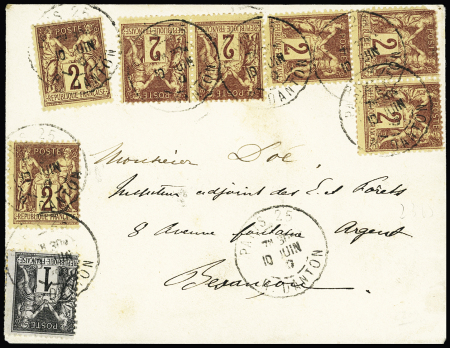 N°83 + 85, 2c rouge-brun, 7 pièces (2ex ld), OBL Paris 25 R. Danton (1900) sur lettre. TB