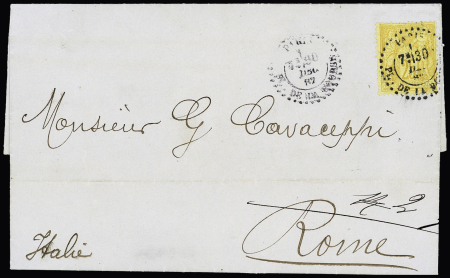 N°92 OBL CAD d'essai pointillé "Paris PL. de la Bourse" (1887) répété à côté sur lettre pour Rome (de Beaufond n°673). TB