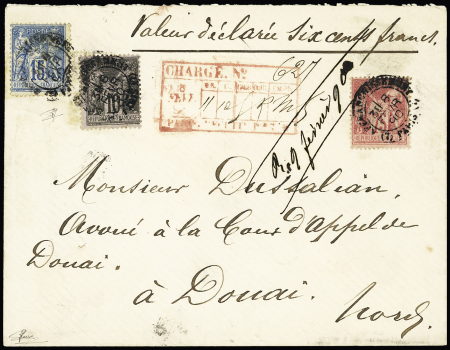 N°89 + 90 + 81, 75c rose, OBL CAD "(7) affranchissements (7) Paris" (1890) sur lettre chargée (VD 600F) avec descriptif rouge des chargements au recto. TB
