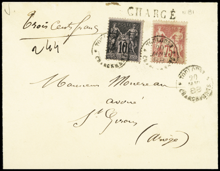 N°89 + n°81, 75c rose, OBL CAD "Toulouse chargements" (1888) sur une petite lettre chargée (VD 300F), jolie pièce rare.