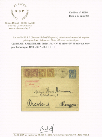 N°85 en paire +86, 3c bistre-jaune en paire OBL "Oran Karguentah" (1890) sur env. entier postal 15c Sage pour Dresde (Allemagne). AFF rare et TB