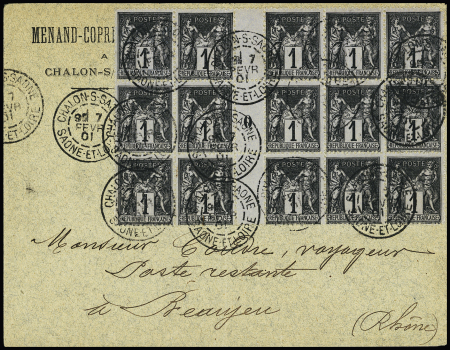 N°83, 1c noir sur azuré, bloc de 15 millésime 0 OBL Daguin jumelé "Chalon-s-Saone Saone et Loire" (1901) sur lettre. TB