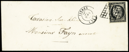 N°3, 20c noir, OBL grille + T15 "Istres (12)" (1849) sur lettre, ind 18. TB