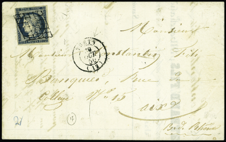 N°4, 25c bleu, OBL grille + T15 "Trets (12)"(1850) sur lettre. Ind 17. B/TB