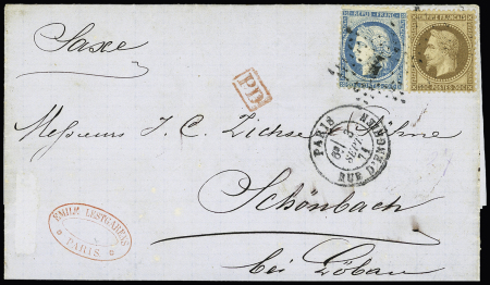 N°30 + 37 OBL étoile 4 + CAD "Paris R. d'Enghien" (3 sept 71) sur lettre pour Schonbach (Saxe). TB
