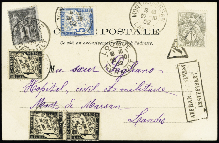N°107, 1c gris type blanc + n°83 OBL Lodève Hérault (1902) sur carte postale avec timbres-taxe n°10, 3 pièces + n°28. Taxation à 8c. TB