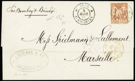 Col. Gen.n°27, 40c rouge-orange, OBL CAD "Inde Pondichéry" (1878), répété à côté sur lettre pour Marseille. TB