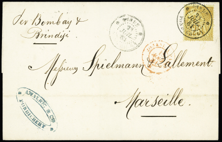 Col. Gen. n°53, 25c jaune-bistre, OBL CAD "Inde Pondichéry" (1884) répété à côté sur lettre. TB
