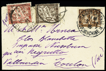N°157 OBL Saïgon-Central (1935) sur une petite lettre pour Toulon avec France timbres-taxe n°28 + 33. TB