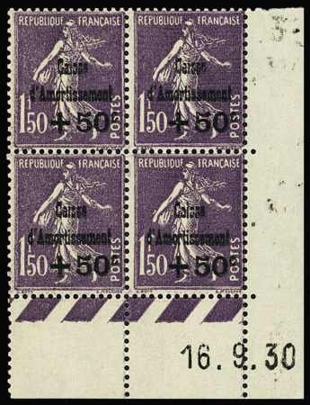 N°268 +50c +1f50 violet en bloc de 4 coin-daté 16.9.30,