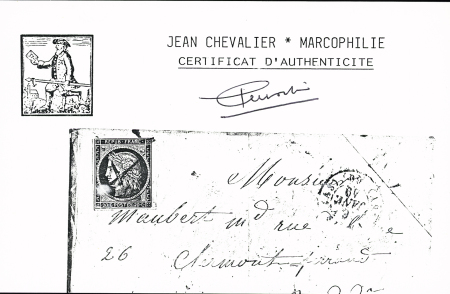 N°3 20c noir, OBL croix à la plume + CAD T15 "(AS) Paris (AS) 60" (6 janv 49) sur lettre pour Clermont-Ferrand. B/TB, RR, certificat Chevalier