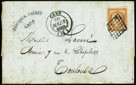 N°5 40c orange, OBL grille + T14 Caen 30 mars 1850 (Calvados) sur lettre du 2ème échelon de poids pour Toulouse. Rousseurs sinon TB. Rare. Cote 900€+