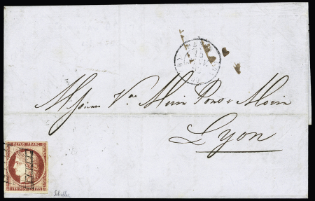 N°6 1F carmin OBL grille + T15 "(B) Paris (B) 60" (1852) sur lettre pour Lyon signé Scheller. TB. Cote 1650