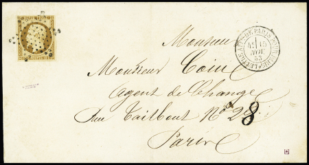 N°9 10c bistre-jaune, OBL étoile muette + CAD "Lettre AFFie de Paris pour Paris" (1853) sur lettre. TTB. Cote 1100€