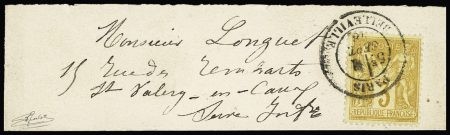 N°86, 3c bistre-jaune, OBL CAD "Paris Belleville" (1878) seul sur bande pour St Valery en Caux. TTB. Signé Goebel, Cote 900€