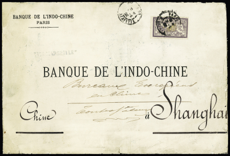 N°122, 2F Merson violet et jaune, OBL Paris 51 R. Lafayette (1902) sur grande lettre de la Banque de l'Indochine pour Shanghaï (lettre du 8ème échelon de poids). RR et TB
