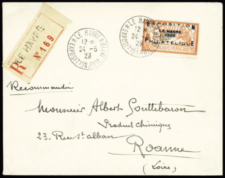 N°257A, 2F Merson expo du Havre OBL CAD "Le Havre expo. Phil. Inter." (1929), seul sur lettre recommandée. TB