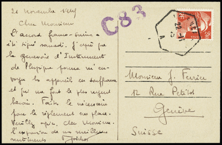 N°714, 2F40 rouge Gandon OBL hex "Valence A - A" (22.11.45) seul sur carte postale pour la Suisse avec griffe violette "C 83". TB. Cote 450€