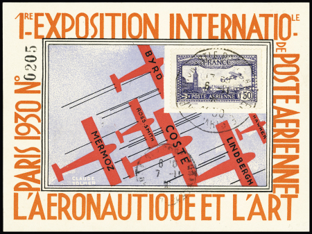 PA n°6c, 1F50 outremer perforé EIPA OBL sur carte postale de l'expo recommandée de l'expo. TB. Cote timbre 450€