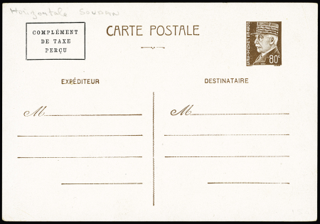 Entier carte postale 80c Pétain brun avec surcharge encadrée horizontale locale du Soudan "Complément de taxe perçu" neuve (Storch - Françon - Sinais Pet A 3 H). RR et TB. Cote 750€