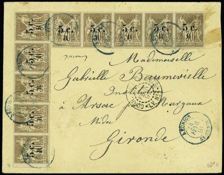 N°7, 2 bandes de 5, OBL CAD bleu "Reunion St Denis" (1891) sur lettre pour la France avec au recto CAD rond noir "Corr. Des armées LV n°1" et arrivée au verso. Signé Calves. RR et TB