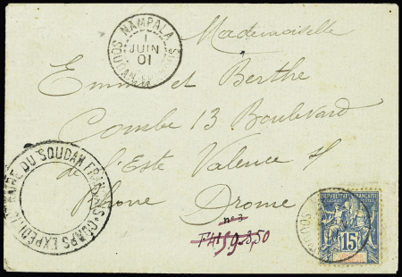 N°8 OBL CAD "Nampala Soudan Français" (1901) sur lettre avec grand cachet noir "Corps expéditionnaire du Soudan Français". RR sur lettre affranchie. TB