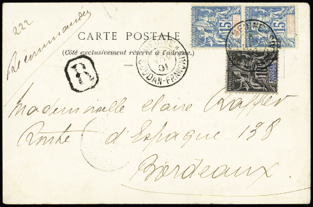 N°7 + 8 en paire OBL CAD "Médine Soudan Français" (1901) sur carte postale illustrée (deux femmes maures du haut Sénégal) recommandée. TB